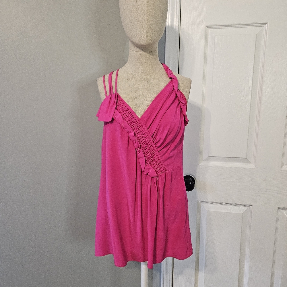 Nanette Lepore Hot Pink Ruffle-Trim V-Neck Tank